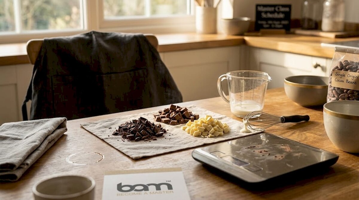 Tri vrste čokolade i alati za ganache na pultu